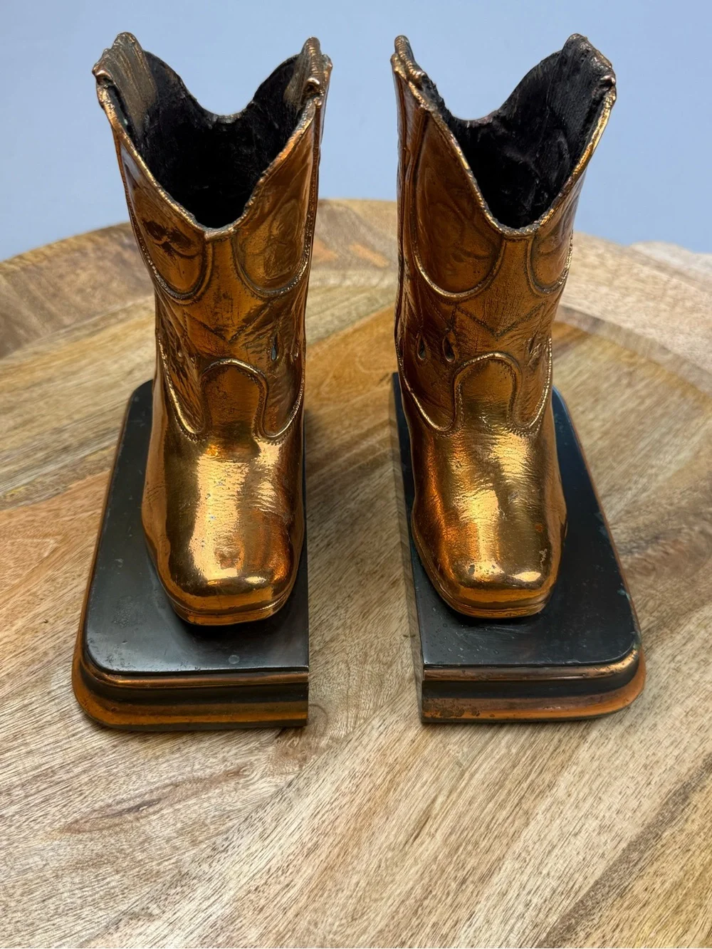 Vintage Copper Cowboy Boot Bookends Rustic Western Ranch Decor Pair